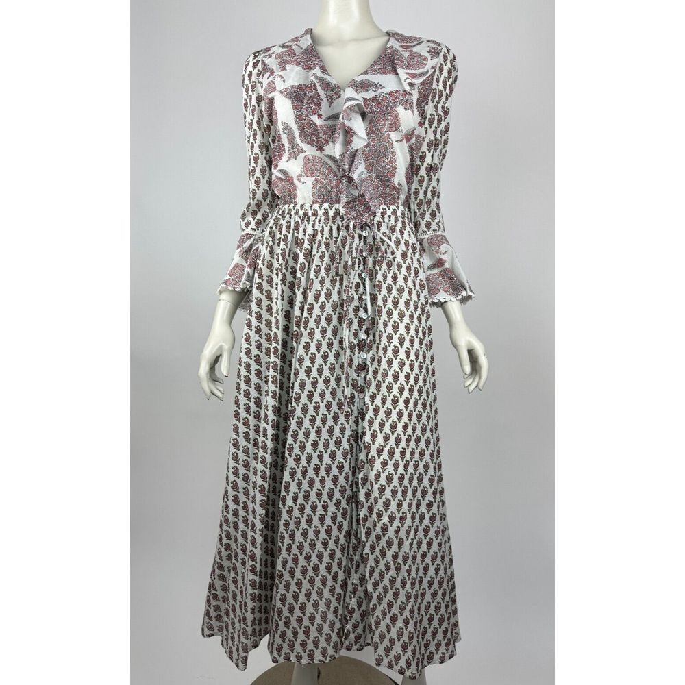 BOTEH Organic Cotton Ruffle Dress Women 2 EUC 3/4 Sleeve Floral V-neck Lined